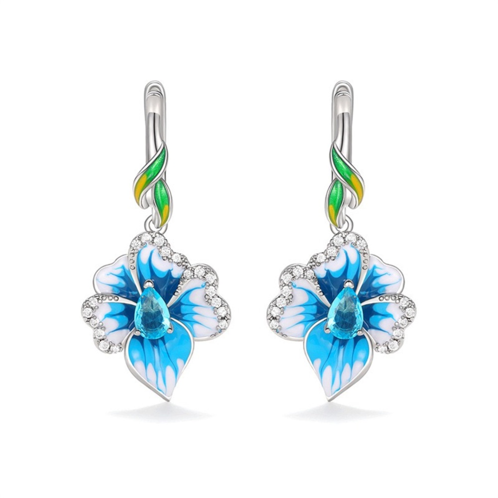 S925 Blue Flower Dangling Earrings